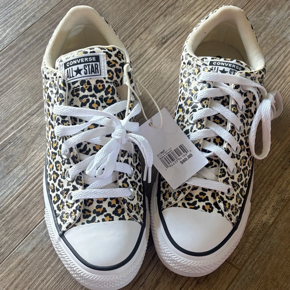 Converse Leopard Print Low Top Sneakers in White, Tan, and Gold - Picture 1 of 6